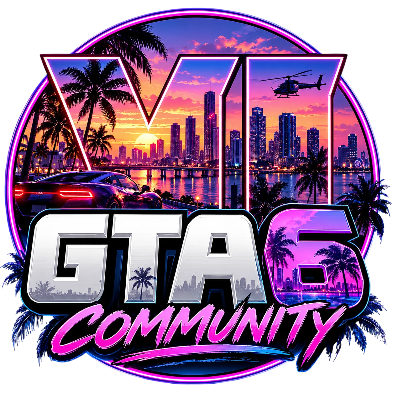 Emblème GTA 6 COMMUNITY aux couleurs rose et bleu néon