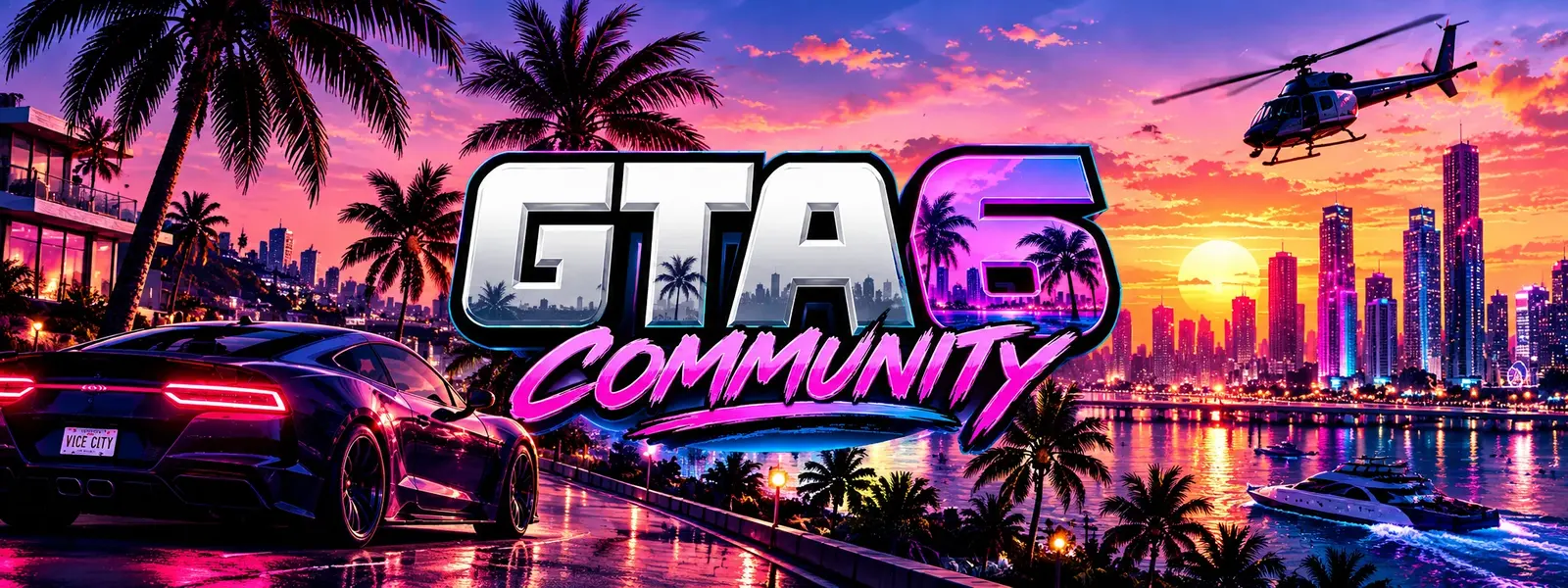 Vue artistique de Vice City au coucher du soleil